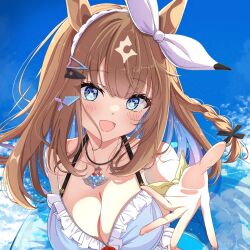 1girl :d almond_eye_(umamusume) bikini blue_bikini blue_eyes blue_hair blue_innertube blue_sky blush breasts brown_hair cleavage cloud colored_inner_hair commentary curled_fingers day frilled_bikini frills hairband halterneck heart heart_in_eye highres holding holding_swim_ring innertube juri-arima large_breasts long_hair looking_at_viewer multicolored_hair offering_hand open_mouth outstretched_arm purple_hair sky smile solo star-shaped_pupils star_(symbol) swim_ring swimsuit symbol-shaped_pupils symbol_in_eye transparent_innertube umamusume unfinished upper_body white_hairband
