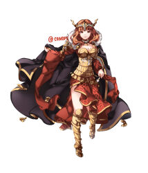 Rule 34 | 1girl, armor, armored boots, boots, breastplate, breasts, buckler, cape, celica (fire emblem), celica (queen of valentia) (fire emblem), choker, cleavage, conope, crown, earrings, fire emblem, fire emblem echoes: shadows of valentia, fire emblem heroes, gold armor, jewelry, long hair, long sleeves, medium breasts, nintendo, official alternate costume, orange eyes, orange hair, queen, red eyes, red hair, red skirt, shield, skirt, solo, thighs
