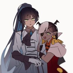 Rule 34 | 2girls, ado (utaite), black gloves, black hair, black shirt, blue hair, chando (ado), colored inner hair, eyepatch, fang, gloves, grabbing another&#039;s arm, highres, long hair, lugosi (ado), multicolored hair, multiple girls, open mouth, pike (azas ef), pointy ears, ponytail, shirt, simple background, step-parent and step-child, utaite, white background, white gloves, white hair, yellow eyes