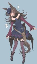 1girl absurdres animal_ears belt black_bow black_shoes black_sleeves black_thighhighs blue-framed_eyewear blue_background blue_eyes bow brown_belt brown_hair dagger flower hair_over_one_eye hat hat_flower high_heels highres horse_ears horse_girl horse_tail knife lace lace-trimmed_thighhighs lace_trim long_hair long_sleeves off-shoulder_shirt off_shoulder pleated_skirt purple_eyes purple_shirt purple_skirt rice_shower_(umamusume) sheath shichisaburo shirt shoes simple_background skirt sleeves_past_wrists solo speech_bubble tail thigh_strap thighhighs tilted_headwear umamusume upper_body very_long_hair waist_bow weapon