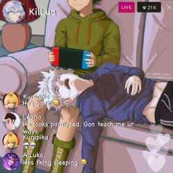 2boys artist_request boots child couch gon_freecss green_hair grey_hair hunter_x_hunter indoors killua_zoldyck lap_pillow livestream madhouse multiple_boys nintendo nintendo_switch playing playing_videogame saliva shirt shorts shounen_jump sitting sleeping smile spiked_hair sweater yaoi