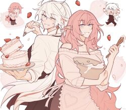 2girls ;) apron black_apron blue_eyes bowl cake chibi commentary elf elysia_(honkai_impact) food fruit grey_sweater highres holding holding_bowl holding_ladle holding_pastry_bag honkai_(series) honkai_impact_3rd kiana_kaslana ladle long_hair mixing_bowl multiple_girls one_eye_closed pastry_bag pink_hair pointy_ears ponytail riejiu shirt simple_background smile strawberry strawberry_cake sweater symbol-only_commentary white_apron white_background white_shirt
