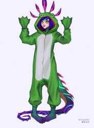 1girl absurdres animal_costume artist_name bare_shoulders barefoot blue_hair colored_skin flipped_hair frog_costume green_skin grey_background highres kenapplepi league_of_legends multicolored_hair navel neeko_(league_of_legends) own_hands_together pink_hair purple_skin simple_background slit_pupils smile solo two-tone_hair yellow_eyes