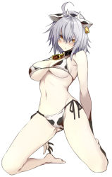 10mo ahoge animal_ears animal_print bikini blush choker cow_ears cow_print fate/grand_order fate_(series) hair_between_eyes highres jeanne_d&#039;arc_(fate) jeanne_d&#039;arc_alter_(avenger)_(fate) jeanne_d&#039;arc_alter_(fate) looking_at_viewer neck_bell short_hair silver_hair simple_background solo swimsuit white_background yellow_eyes
