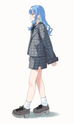 Rule 34 | 1girl, absurdres, alternate costume, blue eyes, blue hair, bow, bow earrings, closed mouth, commentary request, earrings, from side, full body, grey jacket, grey shoes, grey skirt, highres, hololive, hoshimachi suisei, jacket, jewelry, long hair, long sleeves, plaid clothes, plaid jacket, plaid skirt, platform shoes, shoes, sidelocks, simple background, skirt, sleeves past wrists, socks, solo, star (symbol), star in eye, symbol in eye, tagosaku (tatsukiuma0329), virtual youtuber, white background, white socks