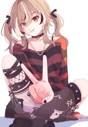 1girl black_choker black_leg_warmers black_nails black_ribbon black_skirt black_sweater brown_eyes brown_hair candy chain chain_necklace choker emo_fashion food hair_ribbon hand_on_floor highres hololive hololive_english iennie jewelry lace-trimmed_choker lace_trim leg_warmers lollipop lollipop_in_mouth looking_at_viewer multicolored_hair nanashi_mumei nanashi_mumei_(emo) necklace pleated_skirt red_sweater ribbon sitting skirt streaked_hair sweater twintails two-tone_sweater v virtual_youtuber white_leg_warmers