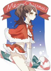 Rule 34 | 1girl, alternate costume, bare legs, bow, breasts, brown eyes, brown hair, candy, candy cane, capelet, christmas, cleavage, cowboy shot, crop top, dress, earrings, elbow gloves, food, fur-trimmed capelet, fur-trimmed skirt, fur trim, gloves, highres, jewelry, kujikawa rise, looking at viewer, meameeea, medium breasts, merry christmas, microskirt, navel, o3o, oversized food, oversized object, pale skin, parted lips, persona, persona 4, red bow, red capelet, red skirt, santa costume, santa dress, skirt, solo, sphere earrings, twintails, white gloves