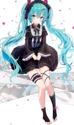1girl absurdres aiu_. aqua_eyes aqua_hair barefoot black_dress dress frilled_dress frilled_hairband frilled_sleeves frilled_thigh_strap frills hair_ornament hairband hatsune_miku highres long_hair long_sleeves maid nail_polish simple_background solo stirrup_legwear thigh_strap toeless_legwear toenail_polish toenails twintails vocaloid white_background