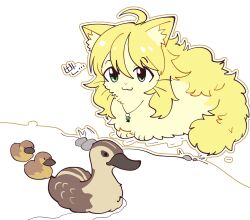 :3 ahoge animal animal_ear_fluff animal_focus animalization bird blonde_hair cat closed_mouth commentary_request duck duckling fluffy_hair green_eyes hair_between_eyes hoshii_miki idolmaster idolmaster_(classic) jewelry korean_commentary millcookie_pro necklace no_humans outline simple_background smile solo whiskers white_background white_outline yellow_cat