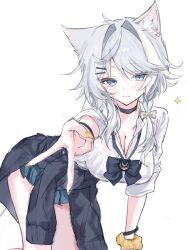 1girl alternate_costume ame_amean animal_ear_fluff animal_ears black_choker black_sweater blue_skirt breasts cat_ears cat_girl choker cipher_(honkai:_star_rail) cleavage clothes_around_waist grey_hair highres honkai:_star_rail honkai_(series) inward_v large_breasts leaning_forward looking_at_viewer miniskirt scrunchie shirt short_hair_with_long_locks simple_background skirt solo sweater sweater_around_waist v white_background white_shirt wrist_scrunchie