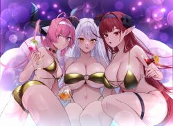 3girls aegir_(azur_lane) antenna_hair ass azur_lane bare_shoulders bikini black_horns breasts cocktail_glass cup curled_horns drinking_glass gold_bikini golden_week_bikini hair_on_horn hairband hindenburg_(azur_lane) holding holding_cup horns huge_breasts large_breasts large_horns looking_at_viewer maitei_roppa medium_breasts multicolored_hair multiple_girls navel pink_hair pointy_ears prinz_rupprecht_(azur_lane) purple_eyes red_eyes red_hair stomach streaked_hair swimsuit thigh_strap white_hair white_hairband yellow_eyes