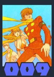 1girl albert_heinrich bikini blonde_hair breasts brown_hair cyborg_009 earrings francoise_arnoul hairband highres jewelry kotobuki_tsukasa large_breasts long_hair military_uniform muscular muscular_male open_mouth red_bikini scarf shimamura_joe short_hair swimsuit yellow_scarf
