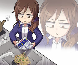 blue_jacket brown_eyes brown_hair chibi collared_shirt food holding holding_food itsuka_neru jacket kettle mole mole_under_mouth noel_(tsukihime) noodles ramen shirt side_ponytail sink suit_jacket tsukihime tsukihime_(remake) white_background