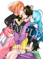 5girls :d ahoge antenna_hair artist_request black_hair black_sweater blue-framed_eyewear blue_eyes blue_hair blunt_bangs blush cardigan closed_eyes closed_mouth earrings fang glasses green_hair group_hug hair_over_one_eye hair_over_shoulder hands_on_another&#039;s_head hug jewelry kiss kissing_cheek long_hair long_sleeves looking_at_viewer medium_hair miniskirt multiple_girls nose_blush official_art one_eye_closed one_eye_covered open_cardigan open_clothes open_mouth orange_hair own_hands_together pendant pink_cardigan pink_hair pleated_skirt ponytail purple_cardigan sailor_collar sample_watermark school_uniform shiunji-ke_no_kodomotachi shiunji_banri shiunji_kotono shiunji_minami shiunji_ouka shiunji_seiha short_hair siblings sidelocks simple_background sisters skirt smile sweatdrop sweater swept_bangs turtleneck turtleneck_sweater twintails watermark wavy_mouth white_background white_sailor_collar wispy_bangs yellow_eyes yellow_skirt