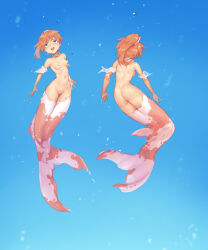 1girl :d absurdres air_bubble ass asymmetrical_hair back blue_eyes blush breasts bubble completely_nude feet female_focus fins from_behind gen_1_pokemon highres looking_at_viewer medium_breasts mermaid mermaid_misty_(pokemon) misty_(pokemon) monster_girl monsterification navel nintendo nipples nude open_mouth orange_hair pasties pokemon pokemon_(anime) pokemon_(classic_anime) ponytail pussy rou271 scales side_ponytail small_breasts smile solo standing swimming thigh_gap thighs underwater water