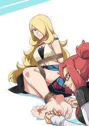 2girls bdsm bikini blonde_hair blue_sarong blush bondage bound breasts brown_hat commentary cynthia_(pokemon) cynthia_(summer_2025)_(pokemon) english_commentary glasses hair_over_one_eye hat highres long_hair looking_at_another lost_one_zero multiple_girls nintendo official_alternate_costume pokemon pokemon_masters_ex red_eyes red_hair sarong shirt smile swept_bangs swimsuit team_rocket team_rocket_grunt team_rocket_uniform teeth tickling tied_shirt toenails toes very_long_hair yuri
