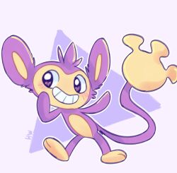 aipom commentary full_body gen_2_pokemon grin happy highres light_blush lynn_(daisiloou) nintendo no_humans outline pokemon pokemon_(creature) pokemon_focus smile solo teeth