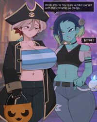 2girls :o absurdres armband arms_up auri_(gdblight) belt bicorne black_bag black_belt blue_hair body_freckles breasts brown_eyes cleavage colored_skin curvy english_text freckles gdblight gen_5_pokemon green_skin grey_vest halloween halloween_bucket halloween_costume hat highres litwick looking_at_viewer midriff multicolored_hair multiple_girls navel nintendo original outdoors perrin_(pokemon) pirate_hat pokemon pokemon_sv rolling_eyes shirt short_hair short_sleeves striped_clothes striped_shirt teeth upper_body vest wide_hips zombie zombie_girl