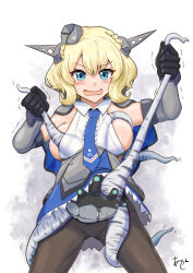 1girl abyssal_ship akashieru blonde_hair blue_eyes blue_necktie blush braid breasts capelet colorado_(kancolle) cowboy_shot dress elbow_gloves embarrassed enemy_naval_mine_(kancolle) garrison_cap gloves grey_capelet grey_dress grey_gloves grey_hat hat headgear highres kantai_collection large_breasts necktie open_mouth panties panties_under_pantyhose pantyhose pleated_dress restrained shirt short_hair side_braids sideboob sideless_shirt signature sleeveless solo tentacles tentacles_under_clothes underwear white_background white_shirt