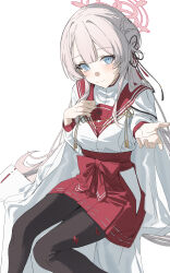 1girl absurdres black_hair black_pantyhose blue_archive blue_eyes blush bun_with_braided_base closed_mouth commentary hair_bun hair_ribbon hakama hakama_short_skirt hakama_skirt halo highres invisible_chair japanese_clothes long_hair looking_at_viewer mimori_(blue_archive) offering_hand open_hand outstretched_arm pantyhose pink_hair pink_halo qtian red_hakama red_ribbon red_sailor_collar ribbon sailor_collar simple_background single_hair_bun single_side_bun sitting skirt smile solo white_background