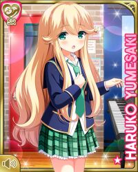 1girl :o blazer blonde_hair blue_jacket character_name day girlfriend_(kari) green_eyes green_skirt indoors instrument jacket long_hair official_art open_mouth piano plaid_clothes plaid_skirt plant pleated_skirt qp:flapper rainboots school_uniform shirt skirt tagme white_shirt yumesaki_haruko
