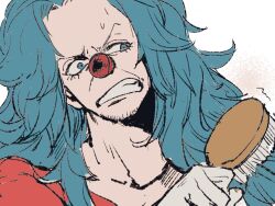 Rule 34 | 1boy, abunaideka, blue eyes, blue hair, brushing hair, buggy the clown, clown nose, eyelashes, hair brush, holding, holding hair brush, male focus, one piece, portrait, red nose, red shirt, shirt, solo, sparse stubble, sweatdrop, teeth, uncomfortable, white background
