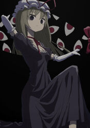 1girl :o absurdres black_background black_eyes blank_eyes blonde_hair breasts choker cleavage dress elbow_gloves expressionless frills from_below gap_(touhou) gloves hat highres long_hair looking_at_viewer mob_cap purple_dress ribbon ribbon_choker short_sleeves solo touhou uzou_(uzooooooooo) white_gloves yakumo_yukari