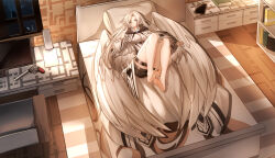 Rule 34 | 1girl, absurdres, barefoot, blue eyes, feet, gun, handgun, highres, long hair, looking at viewer, lying, on back, on bed, parted lips, pistol, soles, toes, weapon, white hair, wings, ymyz