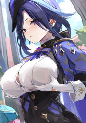 1girl ascot black_corset blue_cape blue_hair breast_lift breasts button_gap cape clorinde_(genshin_impact) commentary_request corset dark_blue_hair earrings epaulettes floating_earring fold-over_gloves framed_breasts genshin_impact gloves grabbing_own_breast hat highres jewelry large_breasts lifting_own_clothes long_hair looking_at_viewer multicolored_hair object_on_breast outdoors purple_ascot purple_eyes revision shirt solo streaked_hair tomas_(kaosu22) tricorne vision_(genshin_impact) white_gloves white_shirt