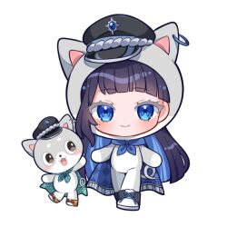 Rule 34 | 1boy, 1girl, :3, animal ear hood, black hair, black hat, black shoes, blue eyes, blue hair, blush, bond en, bondlive, cape, chibi, closed mouth, colored eyelashes, colored inner hair, cosplay, dog boy, erebus grey, fake animal ears, full body, green cape, hat, hood, ibaraki natou, looking at viewer, mole, mole under eye, multicolored hair, one-chi, onesie, orange shoes, shoelaces, shoes, simple background, smile, transparent background, virtual youtuber