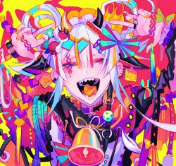 1girl aegyo_sal animal_ears aqua_bow aqua_eyes arms_up asymmetrical_horns bell black_choker black_horns bow braid center-flap_bangs chain chinese_zodiac choker colored_tongue commentary_request double-parted_bangs ear_piercing eye_hair_ornament facial_mark hair_between_eyes hair_bow half-closed_eyes highres himanemuitoma hood hood_down hoodie horns jewelry long_hair long_sleeves mismatched_horns multicolored_hair nail_polish neck_bell o-ring o-ring_choker open_mouth orange_hair orange_horns orange_nails orange_tongue original ox_ears piercing red_background red_bow red_hair ring sharp_teeth simple_background smile solo streaked_hair tag teeth tongue two-tone_background two-tone_bow upper_body white_hair year_of_the_ox yellow_background
