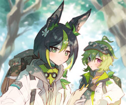 1boy 1girl :o ahoge animal_ear_fluff animal_ears back blue_sky blurry blurry_background blush brown_bag collei_(genshin_impact) collei_(kiehls&#039;)_(genshin_impact) commentary_request dappled_sunlight fox_ears frown genshin_impact goggles goggles_around_neck goggles_on_head green_eyes green_shirt hayashidadesu holding holding_map hood hooded_jacket jacket long_sleeves looking_at_viewer map multicolored_hair outdoors pink_eyes shirt signature sky streaked_hair sunlight tighnari_(genshin_impact) tighnari_(kiehls&#039;)_(genshin_impact) tree upper_body visor_cap white_jacket