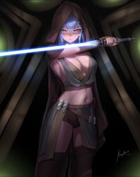 1girl bao_(vtuber) belt blue_hair blue_lightsaber breasts brown_hood cleavage commentary energy_sword english_commentary hair_ornament half-skirt hand_up highres holding holding_sword holding_weapon hood hood_up indie_virtual_youtuber keyokku lightsaber long_hair looking_at_viewer midriff navel pink_eyes short_shorts shorts sideboob solo standing star_wars sword very_long_hair virtual_youtuber weapon