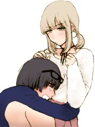 Rule 34 | 2boys, annoyed, arisa (yuki touko), black hair, blonde hair, blue eyes, blunt bangs, blush, choker, crossdressing, crying, earrings, eyewear on head, glasses, hands up, highres, hug, jewelry, looking at another, lying on lap, male focus, multiple boys, on lap, original, pom pom (clothes), pom pom earrings, ribbon choker, seira (yuki touko), short twintails, sketch, skirt, sweater, trap, twintails, yuki touko