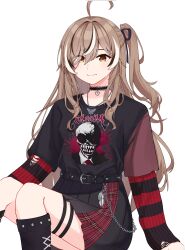 Rule 34 | 1girl, ahoge, belt, black belt, black choker, black hair, black ribbon, black shirt, black socks, black sweater, brown eyes, brown hair, chain, choker, closed mouth, eyes visible through hair, hair between eyes, hair over one eye, hair ribbon, heart, highres, hololive, hololive english, jewelry, lace, lace choker, layered sleeves, long hair, long sleeves, messy hair, multicolored hair, nanashi mumei, nanashi mumei (emo), necklace, one side up, red sweater, ribbon, seirushii, shirt, shirt tucked in, short over long sleeves, short sleeves, sidelocks, simple background, smile, socks, solo, streaked hair, striped clothes, striped sweater, sweater, t-shirt, thigh strap, torn clothes, torn sweater, very long hair, virtual youtuber, white background, white hair