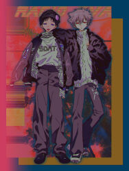 2boys absurdres black_hair black_jacket fishcoooo grey_hair hair_between_eyes highres ikari_shinji jacket multiple_boys nagisa_kaworu neon_genesis_evangelion open_mouth standing v