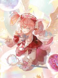 1girl angel_wings aqua_bow aqua_bowtie aqua_eyes aqua_hair armian bow bowtie breasts commentary dress drill_hair highres holding holding_staff honkai:_star_rail honkai_(series) hyacine_(honkai:_star_rail) medium_breasts multicolored_hair open_mouth pantyhose pink_hair red_dress solo staff symbol-only_commentary twin_drills twintails two-tone_hair white_pantyhose wings