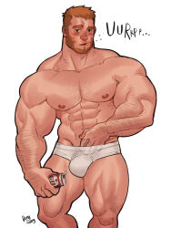 1boy abs arm_hair artist_name bara beard biceps blush bulge burp collarbone commentary dong_saeng_(gaysomecomics) drunk english_commentary facial_hair hand_in_underwear highres looking_at_viewer male_focus male_underwear muscular muscular_male nipples open_mouth orange_hair original pectorals signature squeans topless_male underwear white_background white_male_underwear