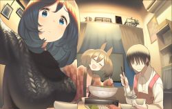 1boy 2girls air_conditioner animal_ears ashinowoto black_hair blouse blue_eyes blush breasts brown_hair eishin_flash_(umamusume) frown horse_ears horse_girl large_breasts multiple_girls reaching reaching_towards_viewer shirt smart_falcon_(umamusume) umamusume white_shirt