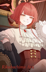 1girl absurdres arm_rest aru_(blue_archive) black_gloves blue_archive breasts brown_horns character_name commentary curtains frilled_shirt frilled_sleeves frills gloves halo high-waist_skirt highres hit_by_hit horns long_hair long_sleeves looking_at_viewer low_horns orange_eyes parted_lips red_brooch red_hair red_halo red_skirt shirt sitting skirt slit_pupils smile solo white_shirt