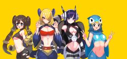 4girls absurdres bare_shoulders black_hair black_leggings blonde_hair blue_eyes blue_hair blush breasts brown_hair cape claw_pose cleavage cleavage_cutout closed_mouth clothing_cutout cosplay cowboy_shot cynthia_(pokemon) dawn_(pokemon) double_bun double_v drunkoak elesa_(pokemon) garchomp garchomp_(cosplay) gen_4_pokemon gen_5_pokemon gloves hair_bun hair_over_one_eye hat highres large_breasts leggings long_hair long_sleeves looking_at_viewer lopunny lopunny_(cosplay) matching_hair/eyes medium_breasts mega_lopunny mega_lopunny_(cosplay) mega_pokemon midriff multiple_girls navel nintendo open_mouth piplup piplup_(cosplay) pokemon pokemon_bw pokemon_bw2 pokemon_dppt rosa_(pokemon) s simple_background skin_tight smile standing striped_leggings torn_clothes torn_leggings twintails underboob v wavy_mouth yellow_background zebstrika zebstrika_(cosplay)