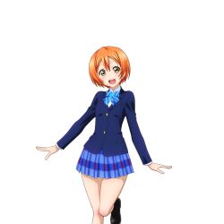 1girl :d anime_coloring black_shoes black_socks blazer blue_bow blue_bowtie blue_jacket blue_skirt blush bow bowtie diagonal-striped_bow diagonal-striped_bowtie diagonal-striped_clothes dress_shirt feet_out_of_frame hirayama_madoka hoshizora_rin jacket leg_up loafers long_sleeves looking_at_viewer love_live! love_live!_school_idol_festival love_live!_school_idol_project miniskirt official_art open_hands open_mouth orange_hair otonokizaka_school_uniform plaid_clothes plaid_skirt pleated_skirt school_uniform shirt shoes short_hair skirt smile socks solo standing standing_on_one_leg striped_clothes teeth transparent_background upper_teeth_only white_shirt winter_uniform yellow_eyes