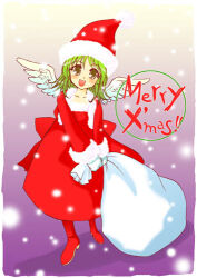 Rule 34 | 1girl, 2000s (style), :d, bad id, boots, border, dress, feathered wings, full body, fur-trimmed headwear, fur trim, gloves, green hair, grey eyes, hat, holding, holding sack, long sleeves, looking at viewer, lowres, medium hair, merry christmas, open mouth, original, purple background, red boots, red dress, red hat, sack, santa hat, smile, snowing, solo, tachibana sakuya (matsurika), white border, white gloves, white wings, wings
