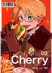 Rule 34 | + +, 1boy, absurdres, america (hetalia), axis powers hetalia, blonde hair, blue eyes, blush, border, brown gloves, brown jacket, burger, collared shirt, cup, disposable cup, drinking straw, food, french fries, fur-trimmed jacket, fur trim, gloves, green necktie, hair between eyes, hands up, highres, holding, holding burger, holding food, jacket, long sleeves, looking at food, male focus, military uniform, necktie, open clothes, open jacket, open mouth, outside border, red background, sanamaru (sana79261827), shirt, short hair, simple background, solo, star (symbol), star print, teeth, white border, white shirt