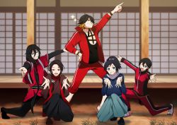 Rule 34 | 10s, 5boys, bad id, bad pixiv id, black hair, blonde hair, blue eyes, brown hair, grin, hakama, hakama pants, hare hare yukai, hiki yuichi, horikawa kunihiro, izumi-no-kami kanesada, japanese clothes, kashuu kiyomitsu, male focus, mole, mole under eye, mole under mouth, multicolored hair, multiple boys, nagasone kotetsu, one eye closed, on one knee, pants, pointing, ponytail, red eyes, sandals, smile, suzumiya haruhi no yuuutsu, tabi, touken ranbu, track suit, two-tone hair, yamato-no-kami yasusada, yellow eyes