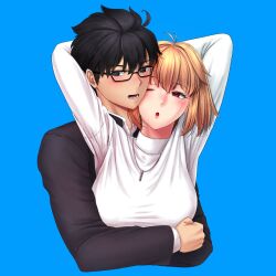 1boy 1girl :o ahoge arcueid_brunestud arms_behind_head black_eyes black_hair blonde_hair blue_background blush breasts couple flustered from_behind glasses highres hug large_breasts loannes looking_at_another neck one_eye_closed school_uniform short_hair souya_high_school_uniform tohno_shiki tsukihime tsukihime_(remake) upper_body