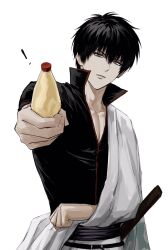 ! 1boy black_hair bottle gintama hair_between_eyes highres hijikata_toushirou holding holding_bottle japanese_clothes kimono looking_at_viewer male_focus open_clothes pectoral_cleavage pectorals short_hair simple_background solo sso_s white_background