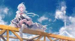 1girl ahoge betabeet black_dress blue_sky boots cape closed_mouth cloud commentary day dress full_body hair_between_eyes highres knee_boots long_hair looking_at_viewer original outdoors sitting sky solo steel_beam thigh_strap tower white_boots white_cape wind