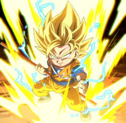 1boy asymmetrical_hair blonde_hair closed_mouth commentary_request dougi dragon_ball dragon_ball_daima electricity energy full_body green_eyes holding holding_staff holding_weapon orange_dougi rom_(20) saiyan serious solo son_goku spiked_hair staff super_saiyan super_saiyan_1 toriyama_akira_(style) weapon