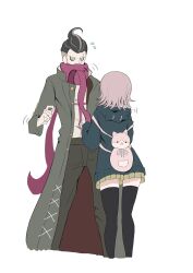 Rule 34 | 1boy, 1girl, animal bag, black hair, brown hair, cat bag, cropped legs, danganronpa (series), danganronpa 2: goodbye despair, flipped hair, flying sweatdrops, grey hair, highres, hood, jacket, long sleeves, medium hair, multicolored hair, nanami chiaki, open clothes, open jacket, phare (spring ha1ru), pink bag, pleated skirt, scarf, shirt, short hair, skirt, tanaka gundham, thighhighs